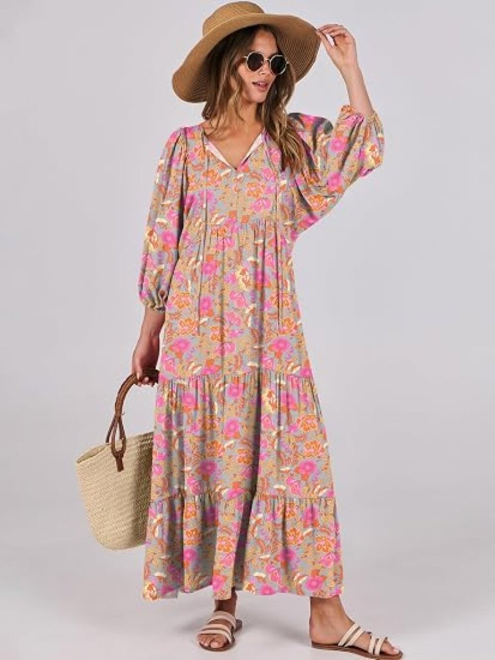 Womens Boho Floral 3/4 Puff Sleeve Maxi Dress